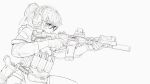  1girl absurdres alma01 assault_rifle commentary ear_protection english_commentary fanny_pack flashlight glasses gloves greyscale gun handgun highres holster m4_carbine magazine_(weapon) maid_day maid_headdress monochrome original pistol rifle short_ponytail solo spot_color suppressor violet_eyes weapon 