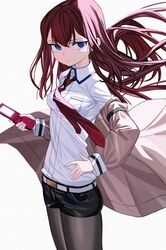  1girl bangs belt black_legwear black_shorts blue_eyes brown_hair cellphone commentary_request dress_shirt flip_phone hair_between_eyes hand_on_hip highres holding holding_phone jacket labcoat long_hair looking_at_viewer luicent makise_kurisu necktie pantyhose phone red_necktie redhead shirt shorts simple_background solo steins;gate white_background white_belt white_shirt 