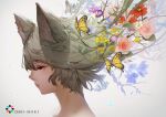 1girl animal_ear_fluff animal_ears blue_flower branch bug butterfly closed_eyes eyebrows_visible_through_hair face flower glowing green_hair long_hair mogumo original parted_lips petals pink_flower pink_lips pink_rose profile purple_flower red_flower rose solo upper_body yellow_butterfly yellow_flower 