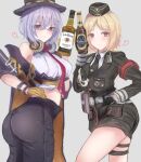  2girls absurdres alcohol blonde_hair breasts commission girls_frontline hat highres large_breasts looking_at_viewer martinreaction military military_hat military_uniform mp40_(girls&#039;_frontline) multiple_girls purple_hair thompson_(girls&#039;_frontline) uniform 