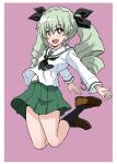 1girl alternate_costume anchovy_(girls_und_panzer) bangs black_legwear black_neckerchief blouse bright_pupils brown_eyes brown_footwear commentary drill_hair eyebrows_visible_through_hair floating girls_und_panzer green_hair green_skirt highres legs_up loafers long_hair long_sleeves looking_at_viewer midriff_peek miniskirt navel neckerchief ooarai_school_uniform open_mouth pleated_skirt ponzu_rui sailor_collar school_uniform serafuku shirt shoes simple_background skirt smile socks solo twin_drills twintails white_pupils white_sailor_collar white_shirt 