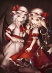  2girls :d absurdres ascot bat_wings blonde_hair bow closed_mouth collared_shirt commentary crystal fingernails flandre_scarlet frilled_shirt_collar frilled_skirt frills hair_between_eyes hat hat_ribbon highres holding_hands interlocked_fingers light_blue_hair looking_at_viewer medium_hair mob_cap moose_(moosu193) multiple_girls nail_polish open_mouth puffy_short_sleeves puffy_sleeves red_ascot red_bow red_eyes red_footwear red_nails red_ribbon red_skirt red_vest remilia_scarlet ribbon sharp_fingernails shirt shoes short_sleeves siblings side_ponytail sisters skirt skirt_hold skirt_set smile socks teeth tongue touhou vest white_headwear white_legwear white_shirt white_skirt wings yellow_ascot 