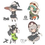  4girls :&gt; animal_ear_fluff animal_ears animal_hood bare_shoulders baseball_cap black_bow black_footwear black_hair black_headwear black_hoodie black_ribbon blush bow chibi closed_mouth clothes_writing dress english_text eyebrows_visible_through_hair fang frills fur-trimmed_hood fur_trim goggles goggles_on_headwear green_hair green_jacket grey_background grey_hair gun hair_over_one_eye hands_in_pockets hat hood hood_down hoodie jacket kemono_fabric leaning leaning_forward light_green_hair long_hair mask mogumo mouth_mask multicolored_hair multiple_girls open_mouth orange_eyes orange_goggles orange_legwear original paw_print pink_eyes pouch ribbon short_eyebrows short_hair simple_background smile standing streaked_hair tail tail_bow tail_ornament twintails weapon white_legwear witch_hat 
