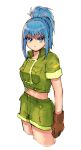  1girl bamboobamboo68 bangs blue_eyes blue_hair brown_gloves eyebrows_visible_through_hair gloves green_jacket highres jacket leona_heidern looking_at_viewer military military_uniform ponytail short_sleeves shorts simple_background solo the_king_of_fighters the_king_of_fighters_xv uniform 