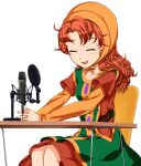  1girl breasts chair curly_hair dragon_quest dragon_quest_vii dress hood long_hair maribel_(dq7) open_mouth orange_hair simple_background sitting smile solo table white_background 