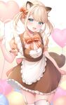  1girl absurdres animal_ear_fluff apron balloon blush dress eyebrows_visible_through_hair frilled_dress frills hair_between_eyes highres hololive kazama_iroha miyagi_ratona neck open_mouth short_hair smile tail thigh-highs thigh_strap virtual_youtuber zettai_ryouiki 