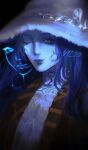  1girl black_background blue_hair blue_skin brown_jacket colored_skin cracked_skin dress elden_ring extra_faces hat highres jacket long_hair looking_at_viewer one_eye_closed portrait ranni_the_witch smile solo vesper_(v17-20) white_dress white_headwear witch_hat 