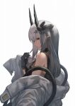  1girl absurdres arknights bandages bare_shoulders black_gloves breasts earrings gloves grey_hair hair_ornament highres horns jewelry long_hair looking_at_viewer looking_to_the_side medium_breasts mudrock_(arknights) open_clothes parted_lips pointy_ears profile sarashi sideways_glance simple_background solo upper_body white_background yasu_(segawahiroyasu) 