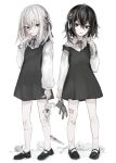  2girls :d bandaid bandaid_on_arm bandaid_on_hand bangs black_bow black_dress black_eyes black_footwear black_hair bow boxcutter closed_mouth collared_shirt commentary_request cup dress eyebrows_visible_through_hair flower hair_between_eyes hair_ornament hand_up hasunokaeru highres holding holding_stuffed_toy long_sleeves looking_at_viewer mug multiple_girls original puffy_long_sleeves puffy_sleeves rose scissors shirt shoes sleeveless sleeveless_dress smile socks standing stuffed_animal stuffed_bunny stuffed_toy white_background white_flower white_hair white_legwear white_rose white_shirt wrist_cutting x_hair_ornament 