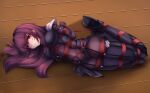 1girl absurdres bdsm bianfu_yeyue blush bondage bound crotch_rope fate/grand_order fate_(series) frogtie full_body highres long_hair looking_at_viewer lying on_side purple_hair red_eyes restrained rope scathach_(fate) shibari solo 