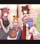  5girls ascot bangs black_skirt black_vest blush bow breasts brown_hair brown_horns closed_mouth collared_shirt commentary_request cookie_(touhou) cowboy_shot demon_wings detached_sleeves display expressionless frilled_bow frills haiperion_buzan hair_between_eyes hair_bow hakurei_reimu hat highres hisui_(cookie) horns ibuki_suika kanna_(cookie) koakuma large_breasts letterboxed long_hair long_sleeves mob_cap multiple_girls open_mouth orange_hair pink_headwear purple_hair purple_skirt red_bow red_eyes red_shirt red_skirt redhead reisen_udongein_inaba remilia_scarlet sakura_(cookie) shirt short_hair skirt sleeve_bow sleeveless sleeveless_shirt smile spoken_squiggle squiggle touhou vest white_shirt white_sleeves wings yamin_(cookie) yellow_ascot yuzuyu_(cookie) 