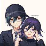  2boys :d bangs baseball_cap bespectacled black_hair black_headwear black_jacket blue_necktie brown_eyes collared_shirt commentary_request danganronpa_(series) danganronpa_v3:_killing_harmony ewa_(seraphhuiyu) eyelashes glasses grey_background grey_shirt hair_between_eyes hands_up hat highres jacket male_focus multiple_boys necktie official_alternate_costume open_mouth ouma_kokichi portrait purple_hair saihara_shuuichi semi-rimless_eyewear shiny shiny_hair shirt simple_background smile striped_necktie 