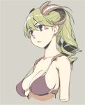  1girl armor bangs bare_shoulders bikini_armor black_eyes breasts commentary_request curled_horns drill_hair drill_ponytail eyebrows_visible_through_hair facial_mark green_hair horns ino_(magloid) medium_breasts original parted_lips sideboob simple_background sketch solo upper_body 