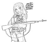  1girl battle_rifle belt belt_pouch black_hawk_down commentary commission english_commentary english_text flash_suppressor girls_und_panzer greyscale gun hair_intakes holding holding_weapon kay_(girls_und_panzer) knee_pads loliphilosophy long_hair looking_at_viewer m14 monochrome pouch rifle sketch smile solo weapon white_background 