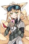  1girl :t absurdres animal_ear_fluff animal_ears arknights bangs blonde_hair blush closed_mouth commentary commission doughnut eating english_commentary eyebrows_visible_through_hair food fox_ears fox_girl fox_tail goggles goggles_on_head green_eyes grey_jacket hair_between_eyes highres holding holding_food jacket kitsune lahaijiaojiao long_hair looking_at_viewer short_sleeves simple_background solo suzuran_(arknights) suzuran_(lostlands_flowering)_(arknights) tail twitter_username upper_body white_background 