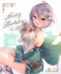  1girl :d antenna_hair bangs bare_shoulders commentary_request dated detached_sleeves dress eyebrows_visible_through_hair feet_out_of_frame flower gaaratelier green_dress green_flower green_rose grey_hair hair_between_eyes hair_flower hair_ornament happy_birthday highres kokkoro_(princess_connect!) long_sleeves looking_at_viewer pointy_ears princess_connect! puffy_long_sleeves puffy_sleeves red_eyes red_flower red_rose rose see-through see-through_sleeves sleeveless sleeveless_dress smile solo white_flower white_rose yellow_flower 