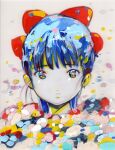  1girl 2018 acrylic_paint_(medium) ai_madonna bangs blue_hair bow hair_bow highres looking_at_viewer original painting_(medium) portrait red_bow signature solo traditional_media white_background yellow_eyes 