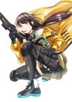  1girl absurdres bangs bare_shoulders black_gloves black_hair black_legwear commentary_request full_body gas_mask girls_frontline gloves gun headset heterochromia highres holding holding_gun holding_magazine_(weapon) holding_weapon jacket knee_pads long_hair looking_ahead mask mod3_(girls&#039;_frontline) multicolored_hair mutugorou_u open_clothes open_jacket open_mouth red_eyes ro635 ro635_(girls&#039;_frontline) simple_background skirt solo squatting streaked_hair twintails weapon white_background white_hair yellow_eyes yellow_jacket 