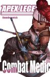  1girl apex_legends black_pants bleach blue_gloves cover cover_page d.o.c._health_drone dark-skinned_female dark_skin detached_sleeves double_bun drumsticks fake_cover from_above gloves grey_tank_top headband headset highres holding holding_drumsticks lifeline_(apex_legends) logo_parody manga_cover open_mouth pants redhead robot shock_sticks_(apex_legends) sitting solo tank_top thundergotch white_headband 