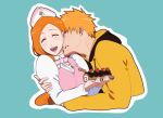  1boy 1girl bleach cake couple fitstarrysky food food_on_face happy hetero highres holding holding_cake holding_food hood hoodie inoue_orihime kiss kissing_neck kurosaki_ichigo long_hair long_sleeves open_mouth orange_hair shirt short_hair spiky_hair swiss_roll teeth uniform upper_body upper_teeth white_shirt 