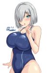  1girl :o blue_eyes blue_swimsuit breasts competition_swimsuit cowboy_shot dated hair_ornament hair_over_one_eye hairclip hamakaze_(kancolle) highleg highleg_swimsuit highres impossible_clothes impossible_swimsuit kantai_collection large_breasts looking_at_viewer montemasa one-piece_swimsuit open_mouth short_hair simple_background solo swimsuit twitter_username wet wet_clothes wet_swimsuit white_background white_hair 