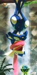  bird blurry closed_eyes commentary_request day dewpider ewokakukaede fletchling greninja hanging highres no_humans open_mouth outdoors pokemon pokemon_(creature) tongue upside-down water waterfall 