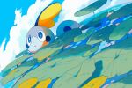  :o blue_eyes bright_pupils clouds commentary_request day highres lily_pad looking_up no_humans outdoors pokemon pokemon_(creature) sky sobble solo white_pupils wulie_errr 