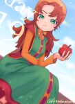  1girl apple breasts closed_mouth curly_hair dragon_quest dragon_quest_vii dress food fruit green_eyes highres hood jewelry kasebumisan long_hair looking_at_viewer maribel_(dq7) orange_hair ring solo 