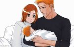  artist_name bleach brown_eyes couple family fitstarrysky happy hetero holding holding_baby inoue_orihime kurosaki_kazui long_hair long_sleeves looking_at_another open_mouth orange_hair short_hair smile sweater upper_body white_background white_sweater 