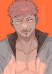  1boy bangs blood blood_on_face ccccc_(jpn_m0) facial_mark itadori_yuuji jacket jujutsu_kaisen licking licking_lips looking_at_viewer male_focus nosebleed open_clothes open_jacket pink_hair solo tongue tongue_out translation_request twitter_username undercut upper_body white_jacket 