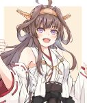  1girl absurdres ahoge anchor bangs blush breasts brown_hair clenched_hand dairyo3 detached_sleeves double_bun eyebrows_visible_through_hair headgear highres japanese_clothes kantai_collection kongou_(kancolle) long_hair nontraditional_miko open_mouth ribbon-trimmed_sleeves ribbon_trim sarashi sidelocks simple_background skirt smile solo two-tone_background upper_body wide_sleeves 