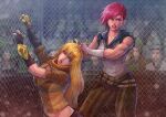  2girls absurdres arcane:_league_of_legends arcane_vi battle belt blonde_hair blood blue_eyes breasts brown_pants catfight chain-link_fence cirenk commission crossover crowd fence hair_up highres injury league_of_legends long_hair medium_breasts mixed_martial_arts multiple_belts multiple_girls muscular muscular_female octagonal_ring pants pink_hair prosthesis prosthetic_arm rwby sleeveless striped vertical_stripes vi_(league_of_legends) violet_eyes yang_xiao_long 