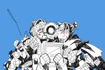  1girl 2boys apex_legends blue_background blush bodysuit breasts bug_(silkworm_hnw) clenched_hands closed_eyes goggles goggles_on_head greyscale_with_colored_background hair_bun humanoid_robot kiss kissing_cheek medium_breasts mirage_(apex_legends) multiple_boys pathfinder_(apex_legends) scarf smile spot_color wraith_(apex_legends) 