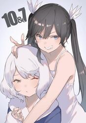  2girls bare_shoulders black_hair blue_eyes brown_eyes closed_mouth collarbone dress eyebrows_visible_through_hair fingernails fur-trimmed_sleeves fur_trim hand_on_another&#039;s_head long_fingernails long_hair looking_at_viewer mogumo multiple_girls short_hair smile teeth tokoshie_bullet twintails w white_dress white_hair 