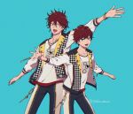  2boys amagi_hiiro amagi_rinne blue_background blue_eyes bracelet brothers ensemble_stars! jewelry long_sleeves looking_at_viewer male_focus multiple_boys necklace open_mouth redhead short_hair siblings smile yoshi_ma62 
