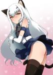 1girl absurdres alternate_costume animal_ear_fluff animal_ears ass bangs bare_shoulders black_legwear blue_dress blush breasts brown_eyes cat_ears cat_tail dress enmaided fairy_knight_lancelot_(fate) fake_animal_ears fate/grand_order fate_(series) forked_eyebrows frills highres long_hair looking_at_viewer maid mikayu_1 sidelocks small_breasts solo tail thigh-highs thighs tray white_hair 