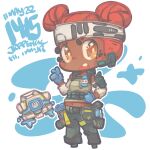  1girl apex_legends artist_name black_pants blue_gloves bright_pupils brown_eyes brown_tank_top chibi d.o.c._health_drone dark-skinned_female dark_skin dated detached_sleeves double_bun gloves headband headset highres jr4rt lifeline_(apex_legends) looking_at_viewer open_mouth pants redhead robot solo_focus tank_top white_headband white_pupils 