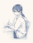  1girl bangs blunt_bangs blush chair closed_mouth commentary_request desk glasses greyscale highres holding holding_pen hood hoodie long_hair long_sleeves looking_at_viewer low_ponytail monochrome original pen sitting solo tanto_(tc1995) writing 