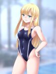  1girl bangs blonde_hair blue_eyes blue_swimsuit blurry blurry_background blush breasts clenched_teeth covered_navel fate_(series) highleg highleg_swimsuit long_hair looking_at_viewer lord_el-melloi_ii_case_files one-piece_swimsuit reines_el-melloi_archisorte sidelocks small_breasts solo swimsuit takanashi_tsukasa teeth thighs wet 