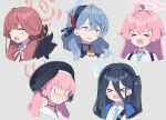  &lt;|&gt;_&lt;|&gt; 5girls absurdres ahoge ako_(blue_archive) annoyed arisu_(blue_archive) aru_(blue_archive) beret black_hair black_hairband black_headwear blue_archive blue_hair blue_jacket blue_necktie blush brown_hair closed_mouth commentary hair_between_eyes hairband halo hat highres horns hoshino_(blue_archive) jacket koharu_(blue_archive) looking_at_viewer low_twintails multiple_girls necktie one_side_up pink_hair portrait shirt sweat turn_pale twintails uhouhogorigori white_shirt winged_hat 
