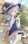  1girl animal_ears bangs blue_eyes blue_ribbon blush bow bowtie braid cat_ears dress flower grey_hair hair_ribbon hat hat_flower highres long_hair nibosi original outdoors pleated_dress red_bow red_bowtie ribbon sailor_collar solo thigh-highs white_legwear white_sailor_collar witch witch_hat 