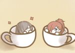  2girls azur_lane chibi closed_eyes cup earrings hair_over_one_eye in_container in_cup jewelry koti multiple_girls ponytail purple_hair redhead simple_background trento_(azur_lane) trieste_(azur_lane) yellow_background 