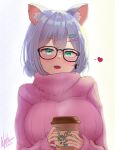  1girl absurdres animal_ears aqua_eyes blush breasts cat_ears coffee_cup cup dated disposable_cup glasses hair_ornament hairpin heart highres hiiragi_emuri holding holding_cup large_breasts looking_at_viewer mole mythic_live nail_polish natch_imaycz pink_sweater ribbed_sweater signature smile solo steam sweater virtual_youtuber 