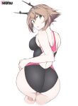  1girl alternate_costume ass ass_focus back bent_over black_swimsuit breasts brown_hair butt_crack competition_swimsuit flipped_hair green_eyes hairband headgear kantai_collection large_breasts looking_at_viewer looking_back multicolored_clothes multicolored_swimsuit mutsu_(kancolle) one-piece_swimsuit pink_swimsuit radio_antenna shigino_sohuzi short_hair solo swimsuit white_background 