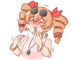  1girl bangle bare_shoulders blush bow bracelet closed_eyes drill_hair drop_earrings earrings eating eyewear_on_head full-face_blush hair_bow jewelry mizusoba necklace ring solo sunglasses sweat touhou trembling twin_drills upper_body yorigami_jo&#039;on 