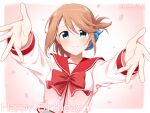  1girl blue_eyes blush bow brown_hair dated folded_ponytail hair_ornament highres kisaragi_hina komaki_manaka long_sleeves medium_hair outstretched_arms petals pink_background red_bow school_uniform serafuku shirt smile solo to_heart_2 upper_body white_shirt 