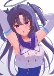  1girl :o armpits arms_behind_back arms_up bangs blue_archive blue_ribbon blush breasts crop_top eyebrows_visible_through_hair gloves halo highres long_hair looking_at_viewer medium_breasts open_mouth parted_bangs pointy_ears purple_hair purple_sailor_collar ribbon sailor_collar shiratama_(amenomurakumo0610) shirt sideboob simple_background solo sweat two_side_up upper_body very_long_hair violet_eyes white_background white_gloves white_shirt yuuka_(blue_archive) 