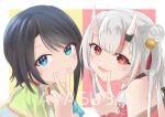  2girls :d absurdres bangs bare_shoulders bell black_hair blue_eyes blush commentary_request eyebrows_visible_through_hair fang green_shirt grey_hair grin hair_bell hair_bun hair_ornament hand_up highres hilamaru hololive horns jingle_bell long_hair looking_at_viewer multicolored_hair multiple_girls nakiri_ayame oni oni_horns oozora_subaru red_background red_eyes redhead shirt short_sleeves side_bun smile streaked_hair striped striped_shirt two-tone_background upper_body v_over_mouth vertical-striped_shirt vertical_stripes virtual_youtuber white_background yellow_background 