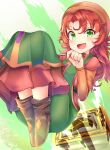  1girl aru_(arudes) boots curly_hair dragon_quest dragon_quest_vii dress full_body green_eyes hood long_hair looking_at_viewer maribel_(dq7) open_mouth orange_hair smile solo 