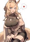  1girl 360_(taiyo360) :d absurdres animal_ear_fluff animal_ears arknights bangs belt black_legwear black_shorts blue_eyes blush breasts eyebrows_visible_through_hair hand_on_own_thigh heart highres horse_ears horse_girl horse_tail impossible_clothes large_breasts long_sleeves open_mouth seiza short_shorts shorts simple_background sitting smile solo speech_bubble spoken_heart swept_bangs tail thick_eyebrows thigh-highs underbust v-shaped_eyebrows whislash_(arknights) white_background 